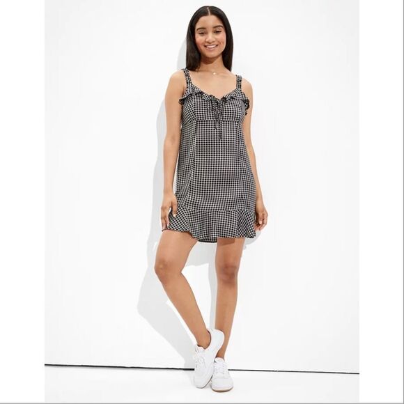 American Eagle Y2K Check Ruffled Mini Dress Sundress Black White Large - Picture 1 of 14